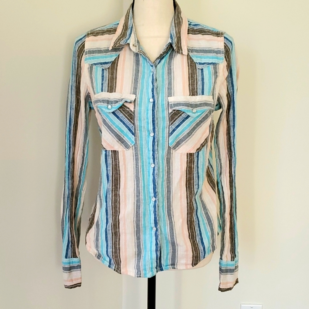 Free People Blue Western Style Snap-on Long Sleeve Shirt Size XS